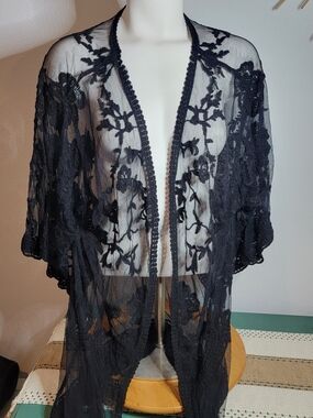 Sheer Black Floral Lace Kimono Cover-Up Sz L SWIM COVER UP